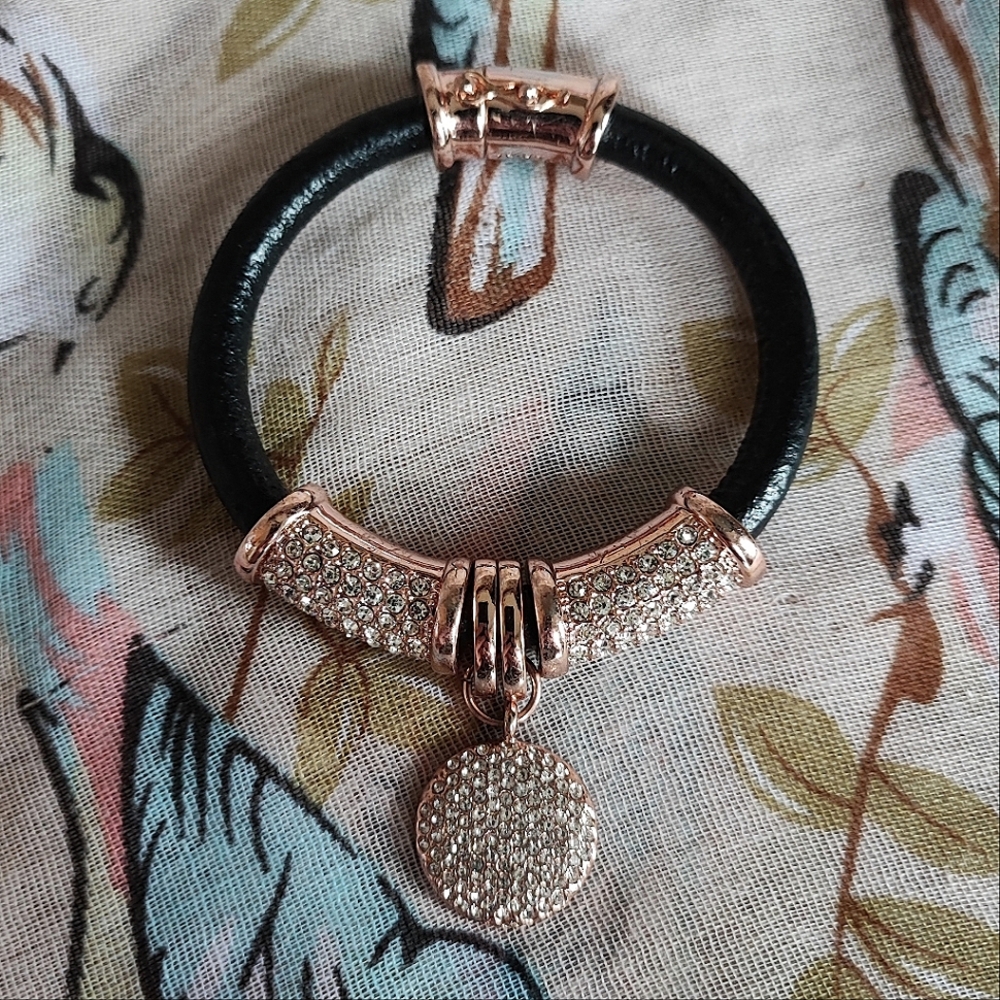 Joan Boyce Black Leather Clear Swarovski Crystal Gold Tone LOVE Charm Bracelet